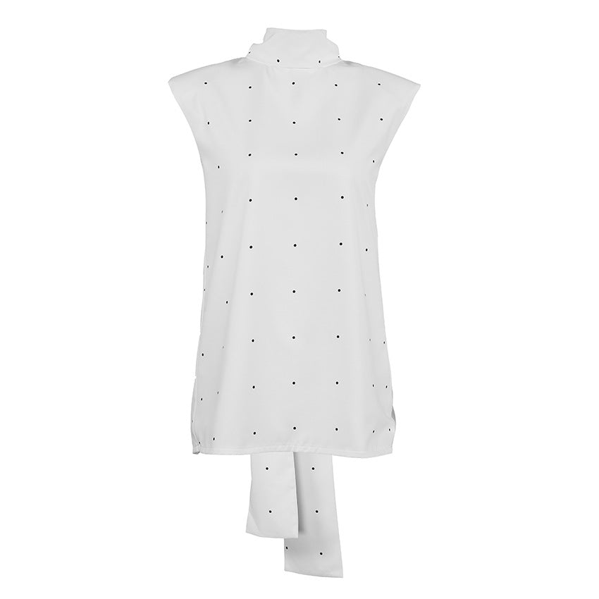 Gentle Polka Dot Split Backless Lace up Bow Stand Collar Vest Women Elegance Sleeveless Top