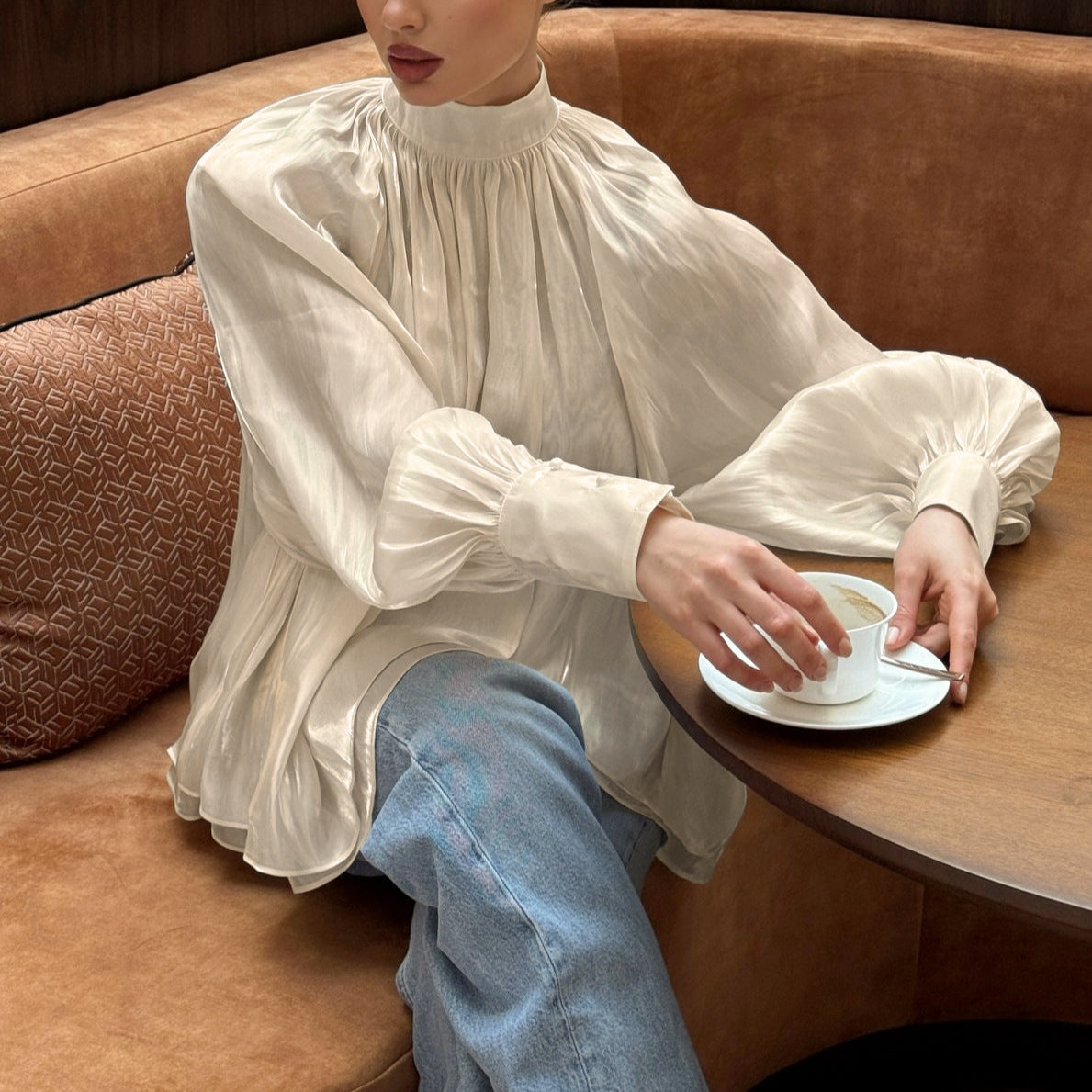 French Entry LUX Design Half Turtleneck Lantern Sleeve Shirt Women Spring Autumn Elegant High Grade Top