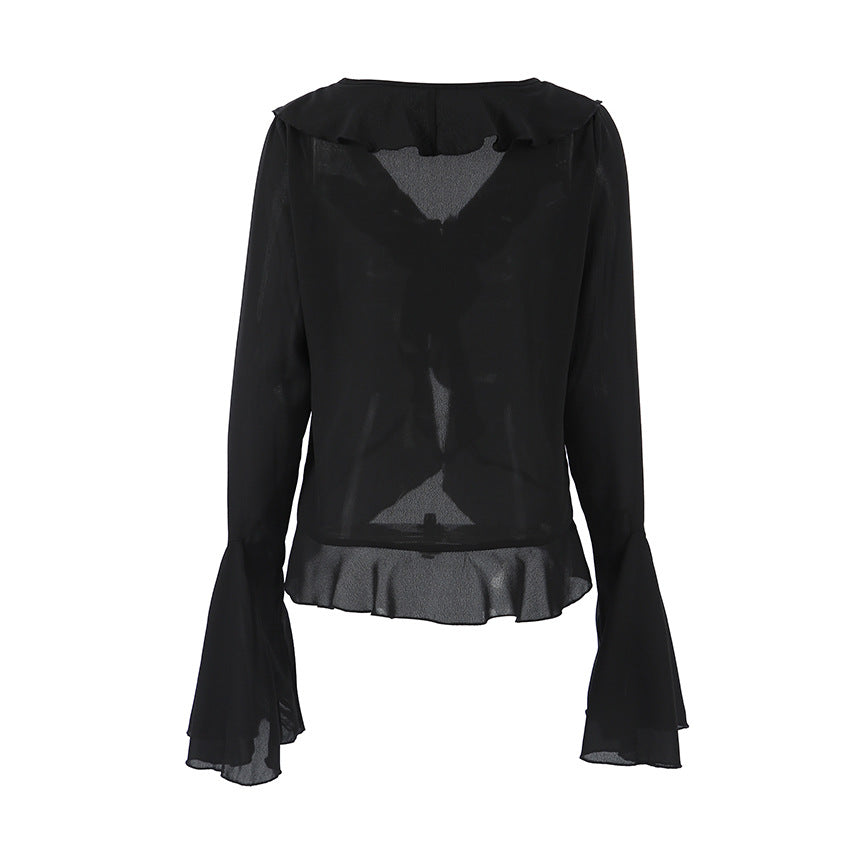 Black Sexy V neck Chiffon Long Sleeve Office See through Ruffle Blouse Summer Women Shirt