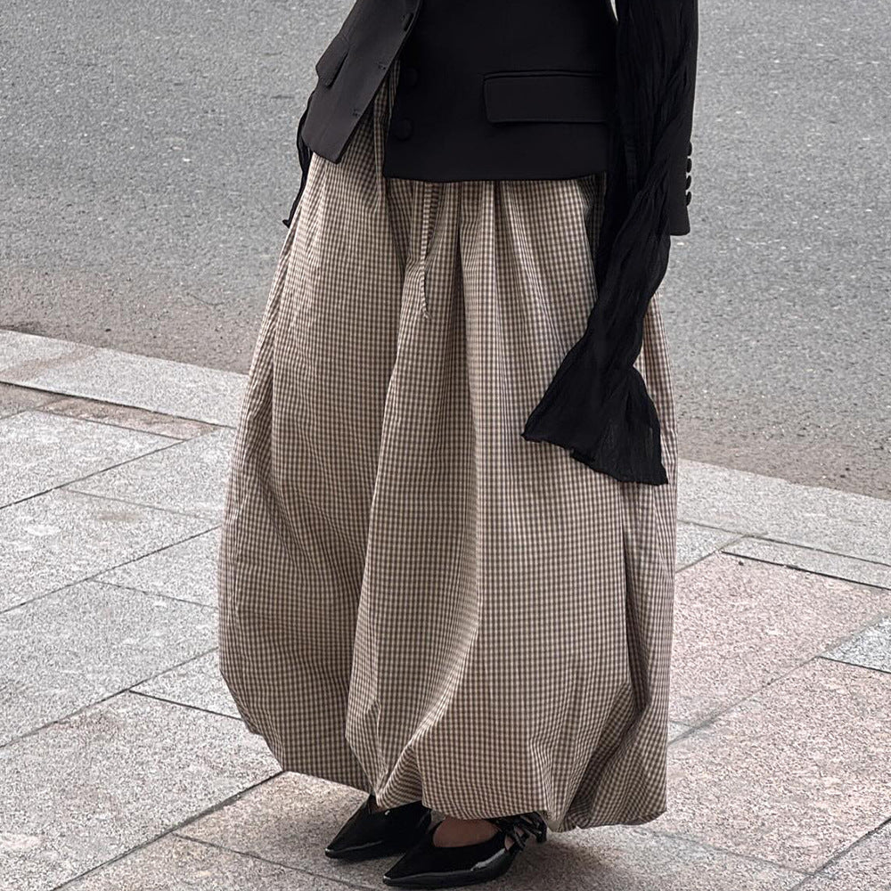 Retro Brown Bloomers Autumn Loose Fitting Lightweight Thin Breathable Plaid Trousers Casual Pants