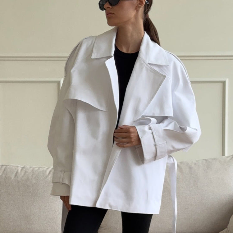 Autumn Winter Arrival Collared Long Sleeve Design Lace up Trench Coat Women Office Loose Top