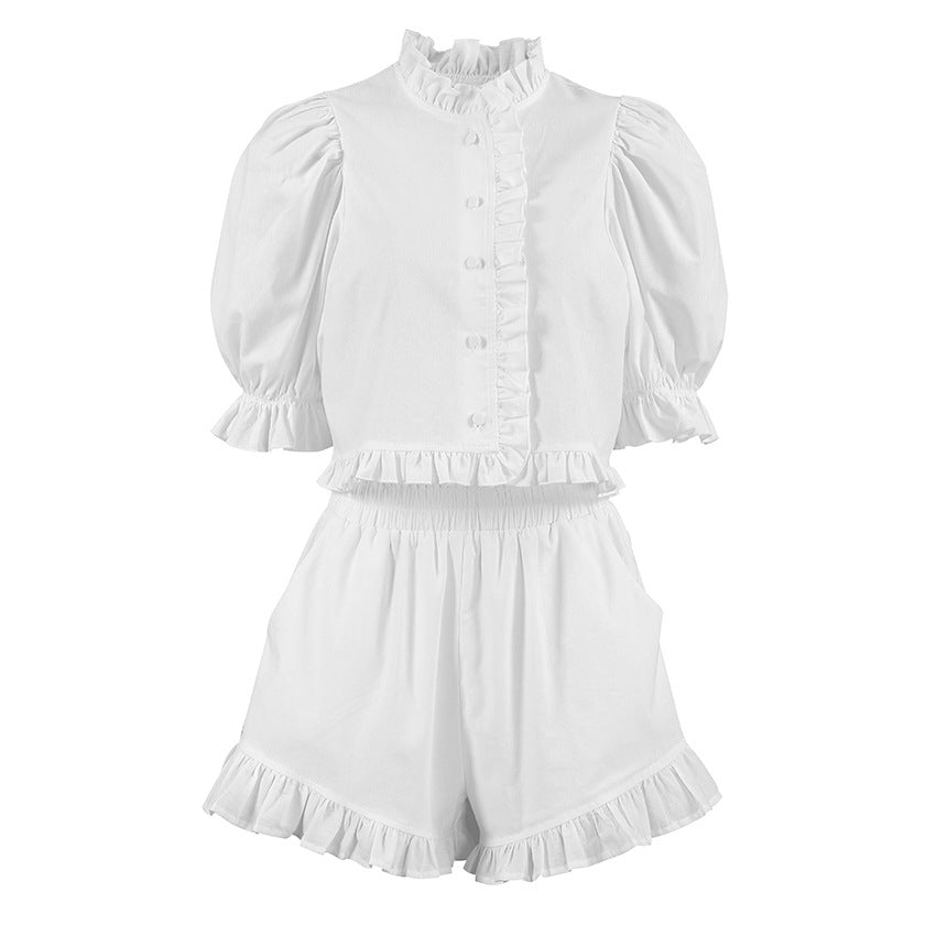 Autumn Women Stand Collar Puff Sleeve Ruffle Top Shorts Casual Two Piece Set