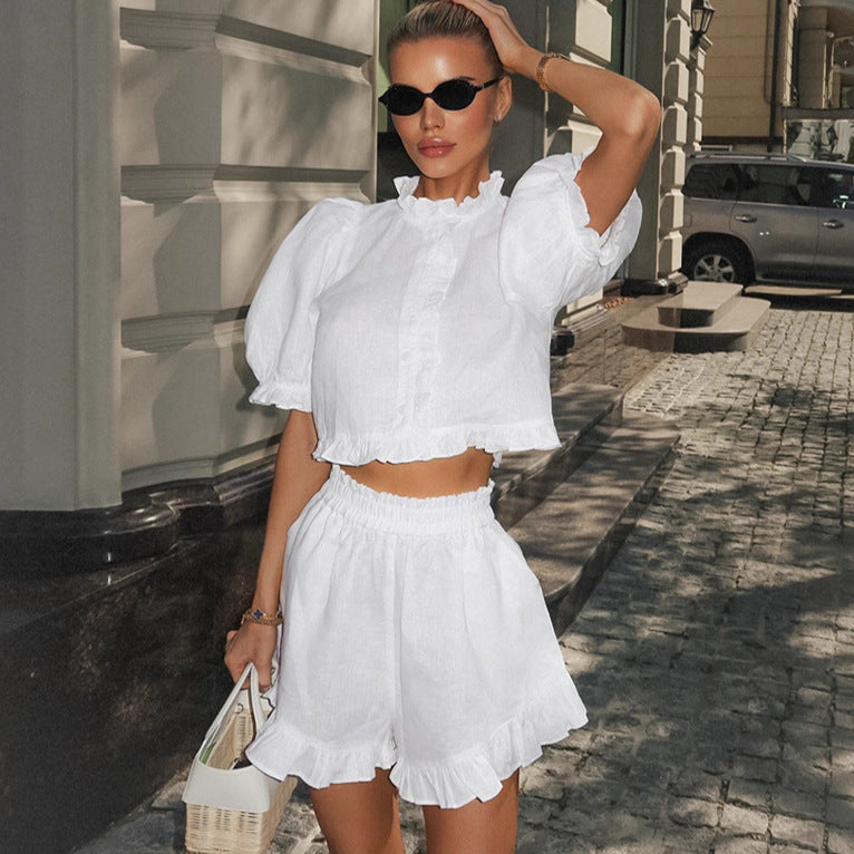 Autumn Women Stand Collar Puff Sleeve Ruffle Top Shorts Casual Two Piece Set