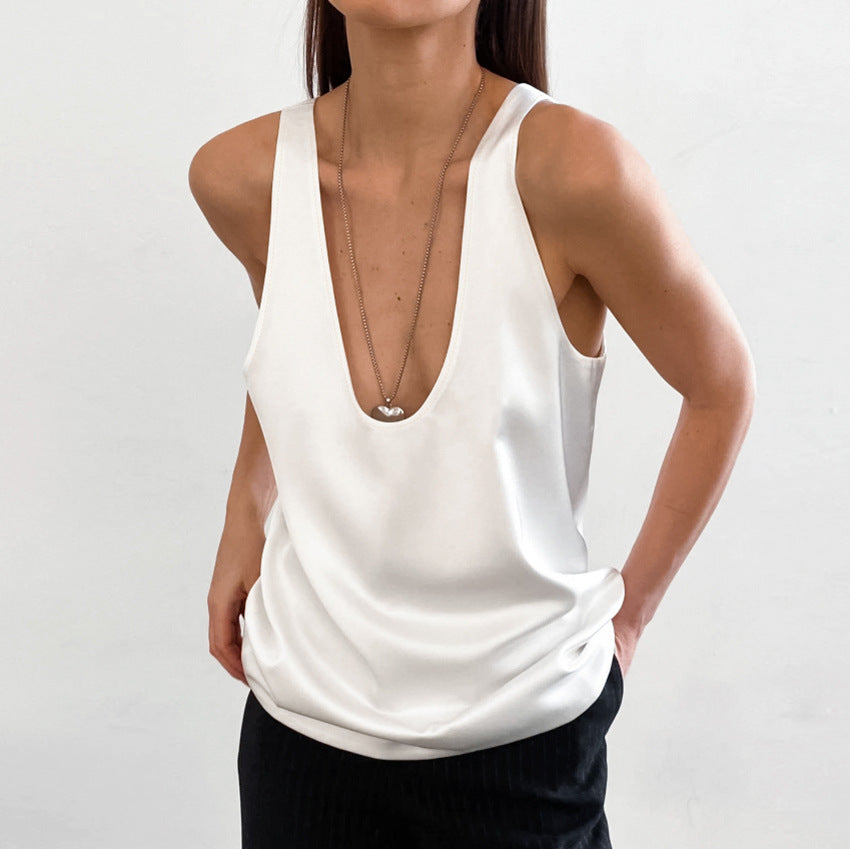 Summer Solid Color Satin U Neck Sleeveless T Shirt All Match Street Vest Women