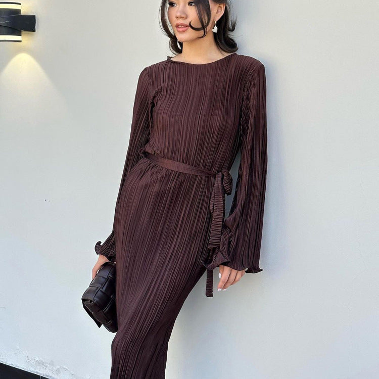 Dress Women Autumn round Neck Tied Horn Long Sleeve Long Pleated Dress