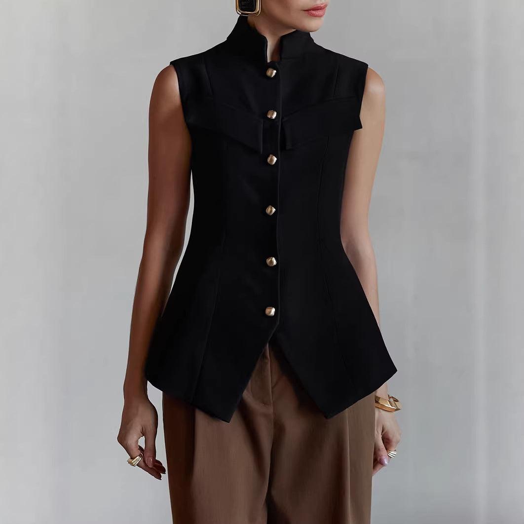 Women Clothing Spring Summer Stand Collar Breasted Sleeveless Waist Split Top Vest