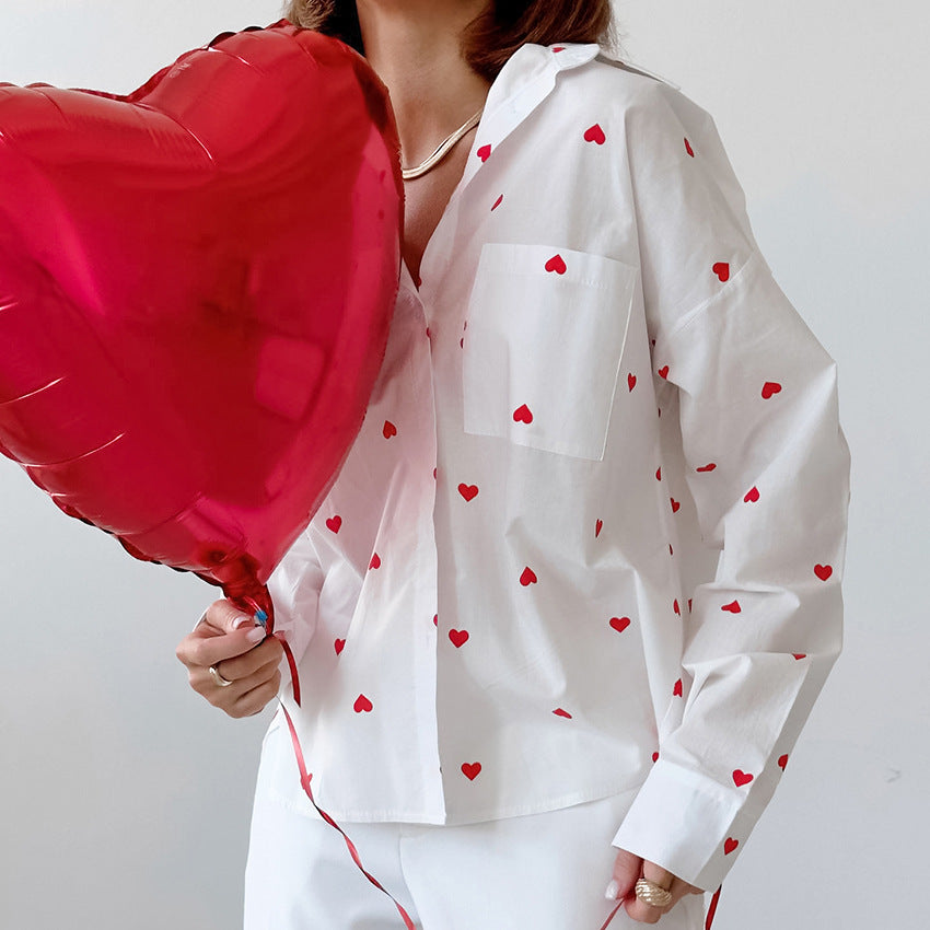 Heart Printing Cotton Linen Collared Women Shirt Spring Office Top