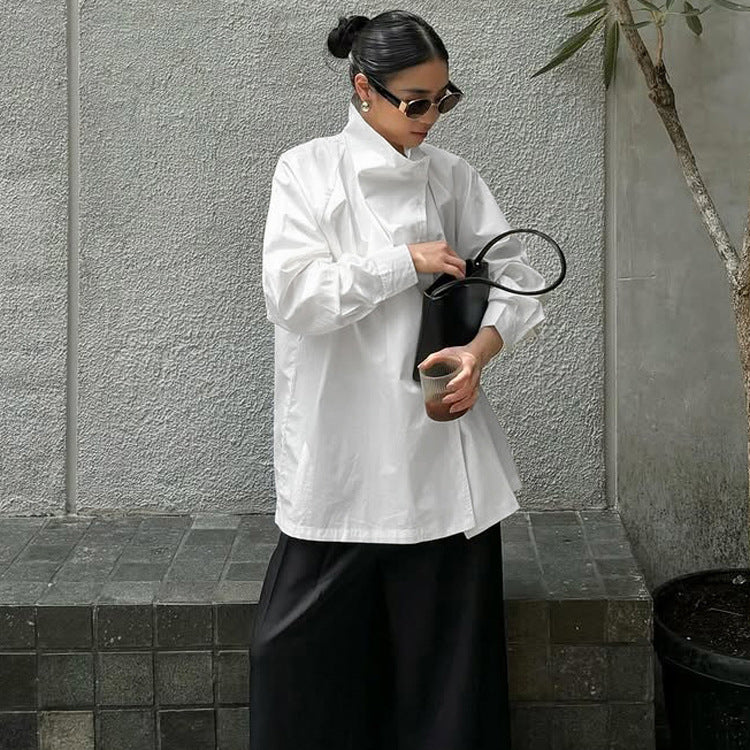 French Minority White with Collared Shirt Women Long Sleeve Single Breasted Simple Casual Shirt