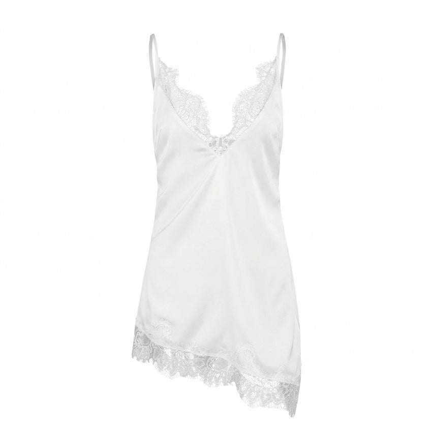 Sexy Low Cut Satin V neck Lace Patchwork Slit Waist Trimming Spaghetti Straps Small Vest Women Elegant All Match