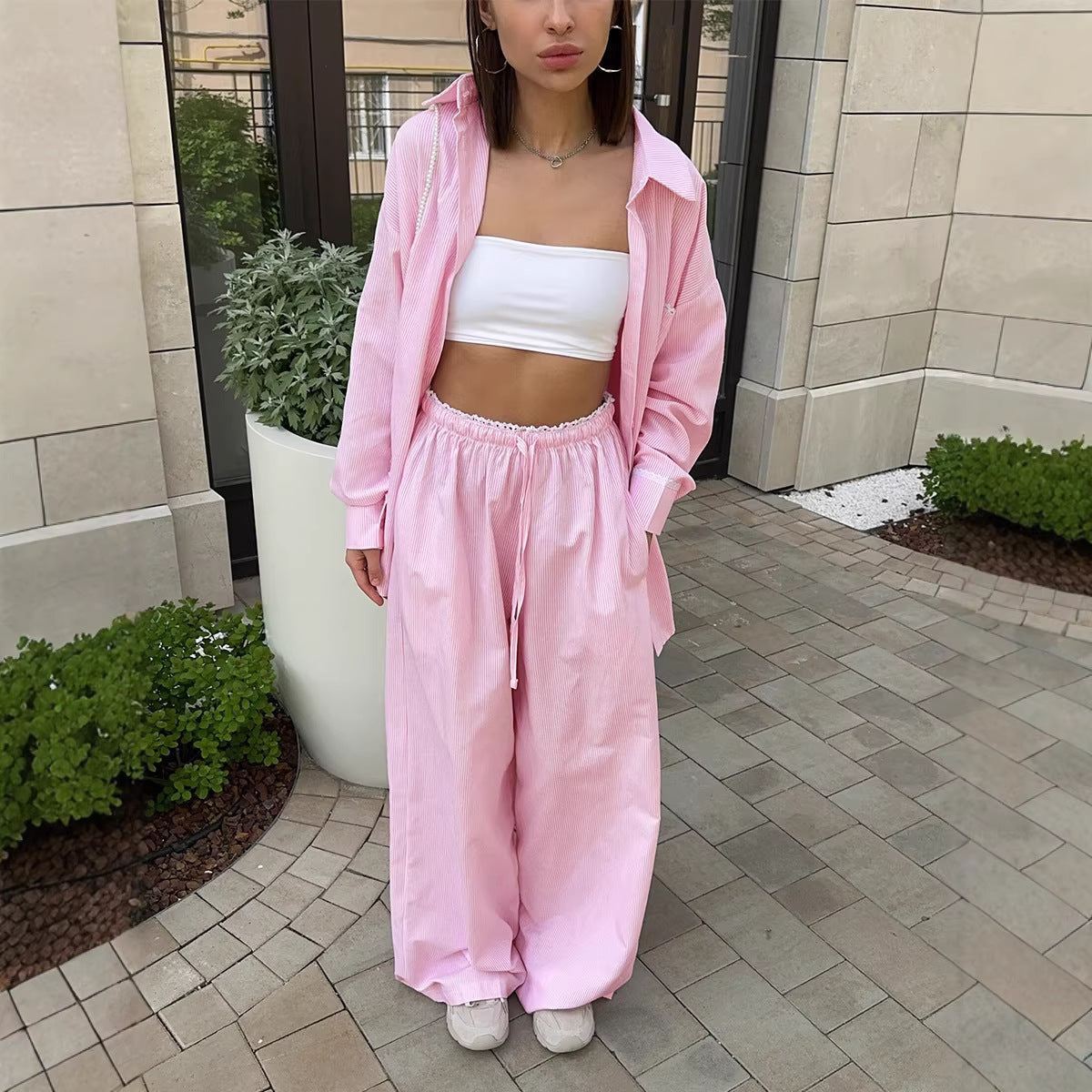 Striped Shirt Trousers Spring Women Vertical Pattern Shirt Lace up Trousers Two Piece Sets
