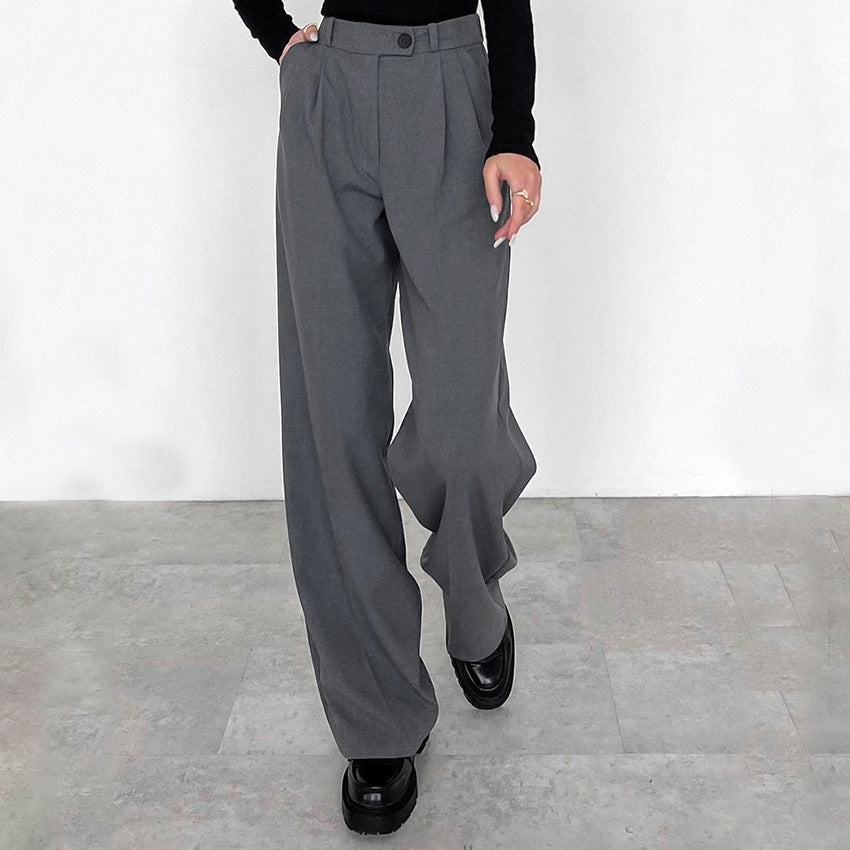Gray High Waist Straight Office Draped Trousers Autumn Casual Work Pant for Women