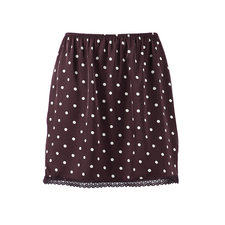 Retro Lace Stitching Satin Artificial Silk Polka Dot Skirt Women Sexy Commuting Elegant Elegant Skirt