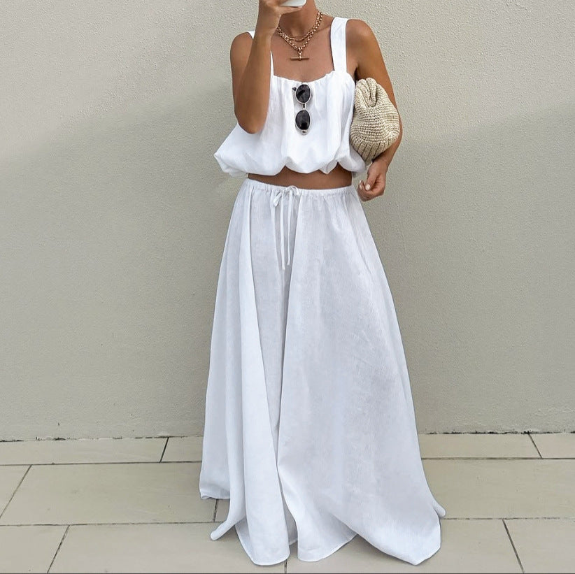 Pure Cotton White Women Summer Design Short Cropped Vest Loose Skirt Two Piece Set