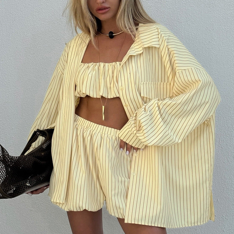 Striped Shirt Outfit Women Summer Polo Collar Long Sleeved Shirt Vest Shorts Casual Three Piece Set