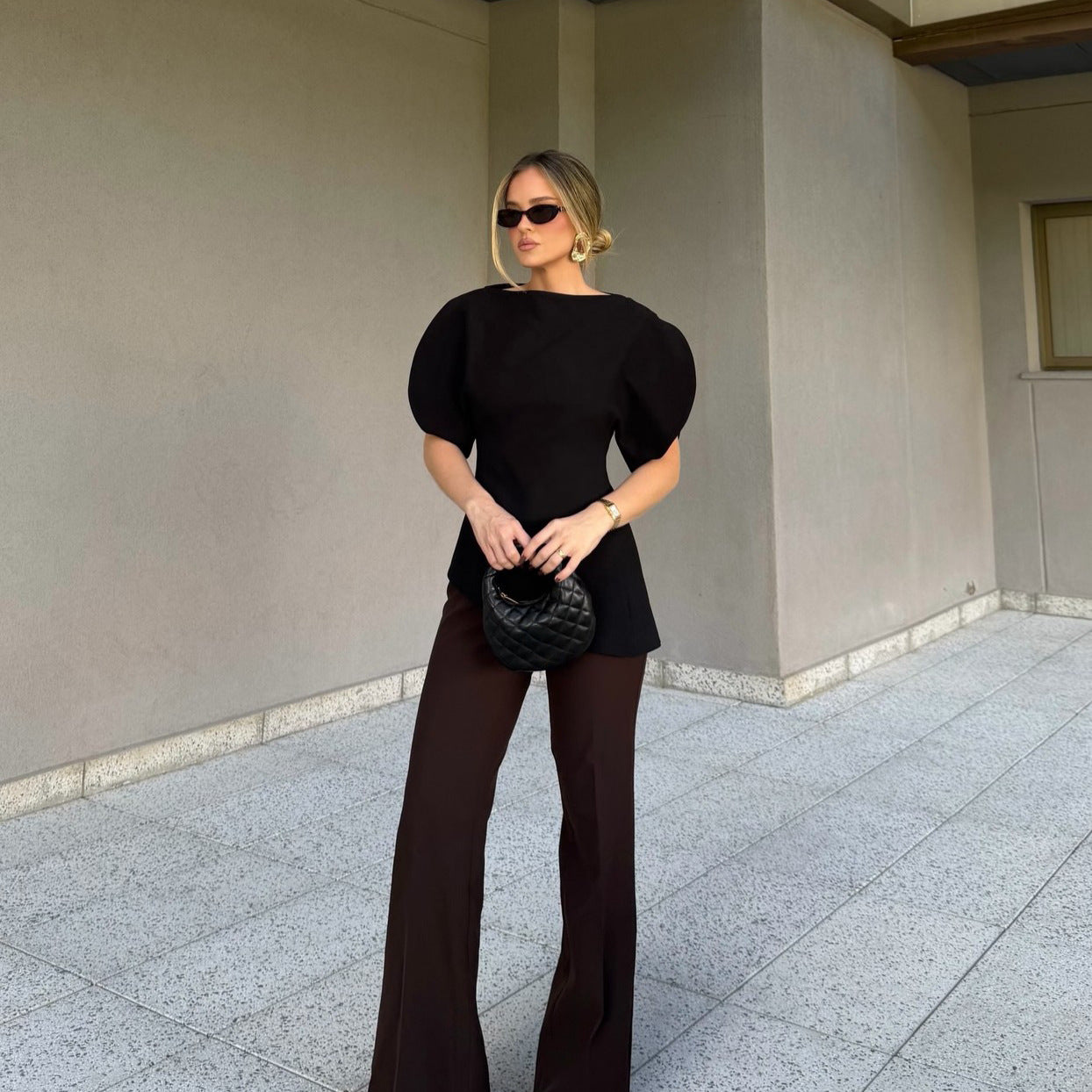 Niche Design Black Short Sleeve Wide Waist Slimming Shirt Summer Office Elegant Top for Women
