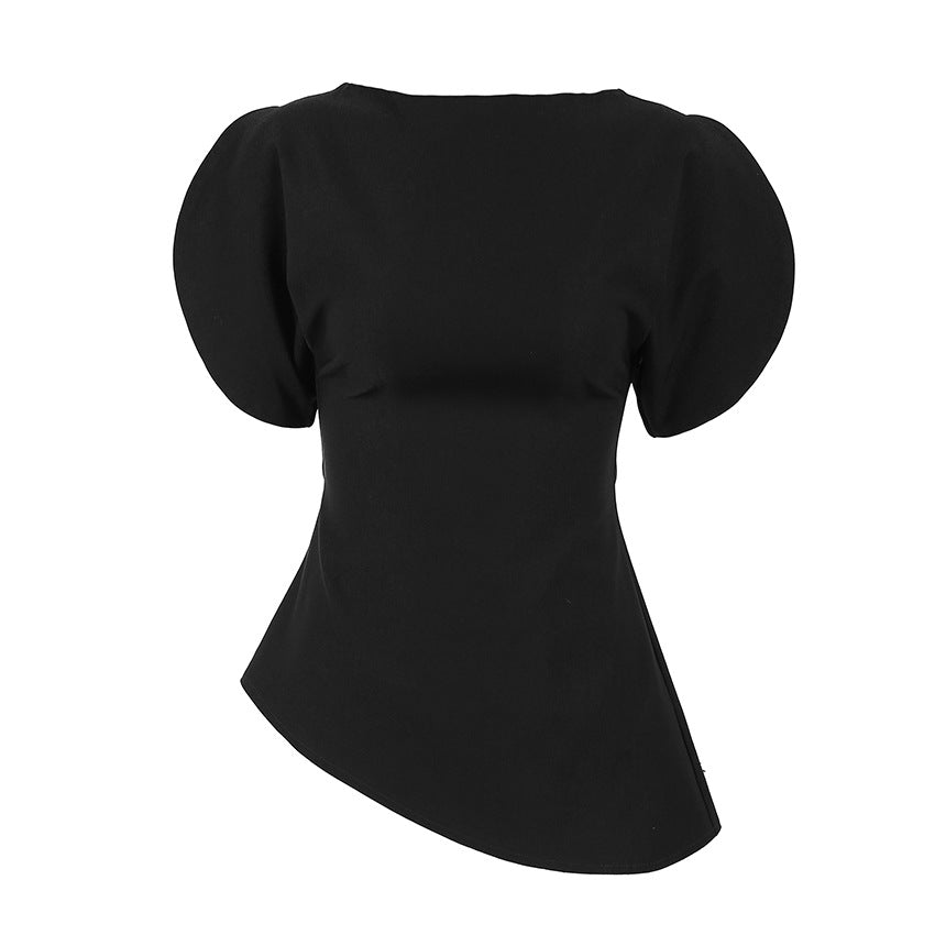 Niche Design Black Short Sleeve Wide Waist Slimming Shirt Summer Office Elegant Top for Women