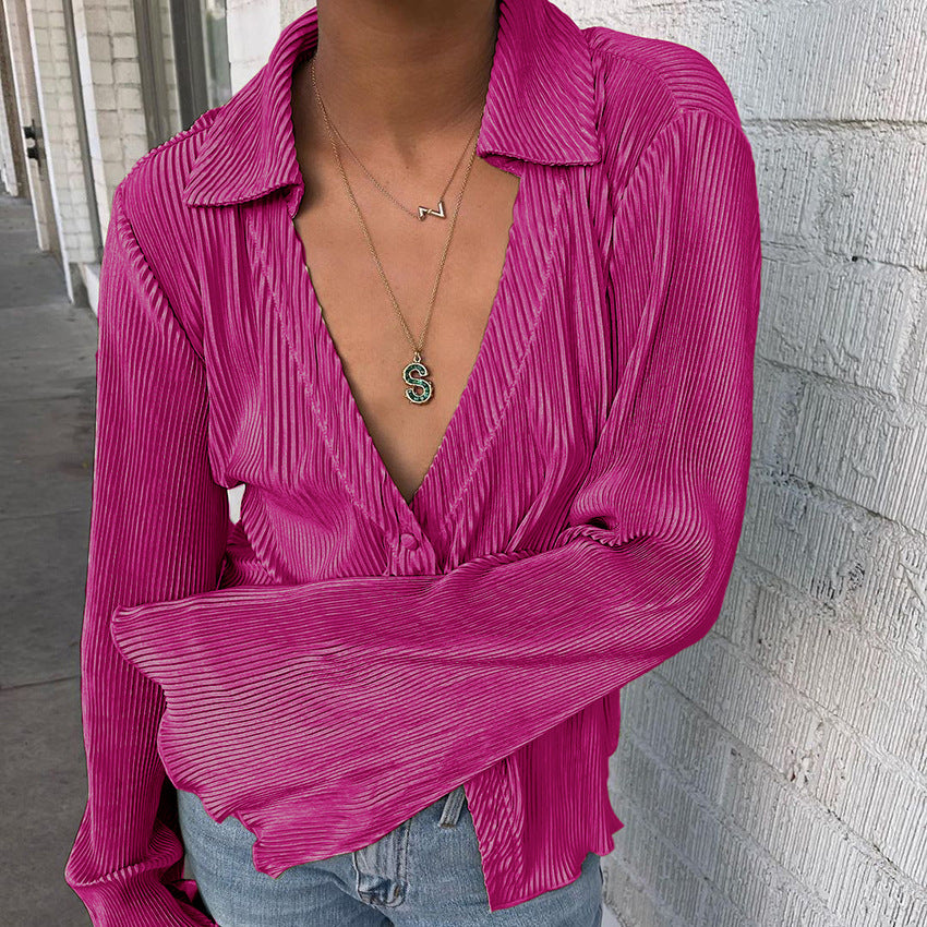 Vintage long sleeve ruffled shirt pantsuit Spring Sexy Loose Flare Sleeve Blouse textured