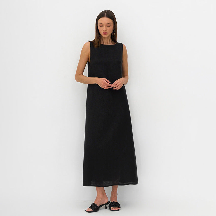 Dress French Simplicity Casual Cotton Linen Vest Dress Women Summer Mid Length Sleeveless Loose A Line Dress