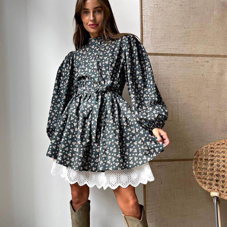 Fall Women Clothing French Elegant Puff Sleeve Floral Dress Women Stand up Collar Cinched Long Sleeve A line Dress