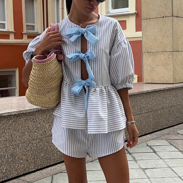 Women Clothing Striped Casual Summer Contrast Color Lace up Short Sleeve Top Shorts Two Piece Sets