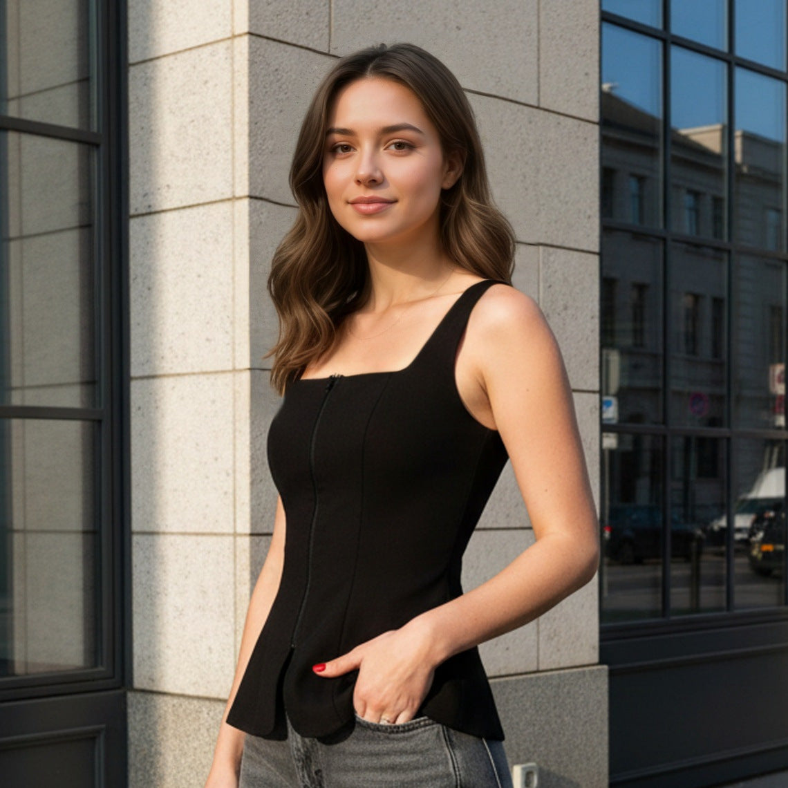 Summer Design Double Zipper Vest Square Neck Cinched Split Office All Matching Women Top