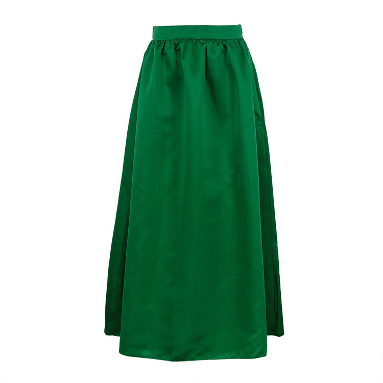 Women Clothing Satin Green Skirt Long Skirt Women Summer Simple High Waist Big Swing Umbrella Skirt