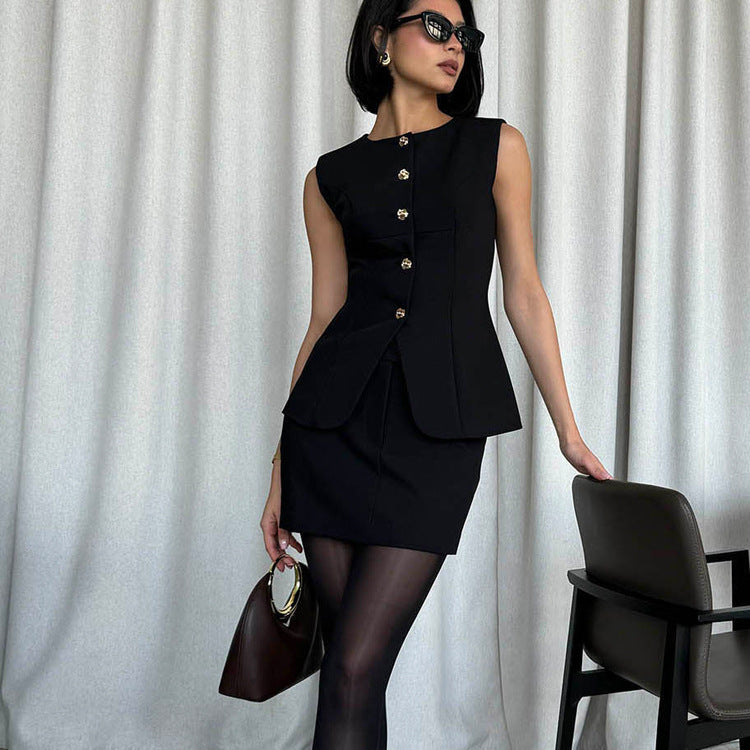 Office Vest Jacket Women Arrival round Neck Sleeveless Top Skirt Two Piece Set