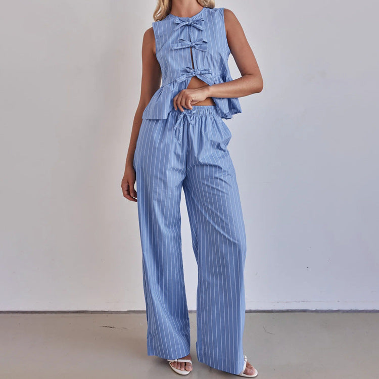 Striped Vest round Neck Bow Sleeveless Top Loose Wide Leg Pants Two Piece Set