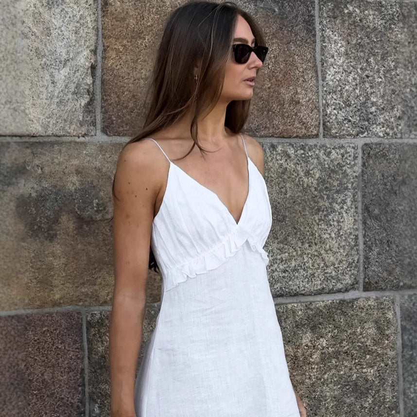 Robe longue ample sexy en coton , col en V et volants