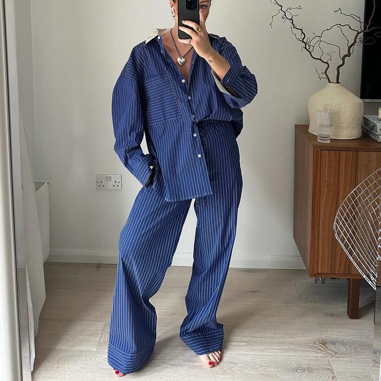 French Blue Striped Casual Suit Spring Autumn Niche Black White Contrast Color Lapels Two Piece Set Women