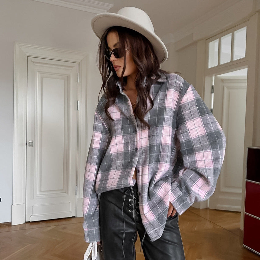Plaid Retro Polyester Collared Casual Women Long Sleeved Shirt Autumn Top