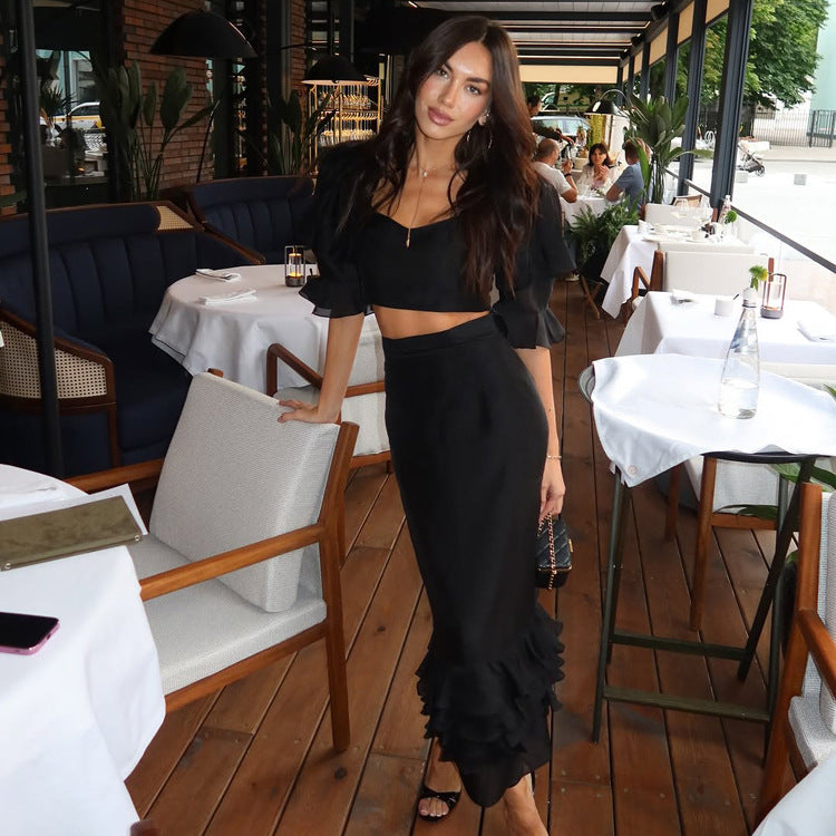 Design Ruffled Skirt Set Women Women Clothing Square Collar Short Sleeve Top Casual Two Piece Set