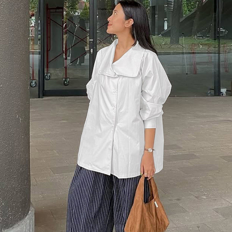 French Minority White with Collared Shirt Women Long Sleeve Single Breasted Simple Casual Shirt