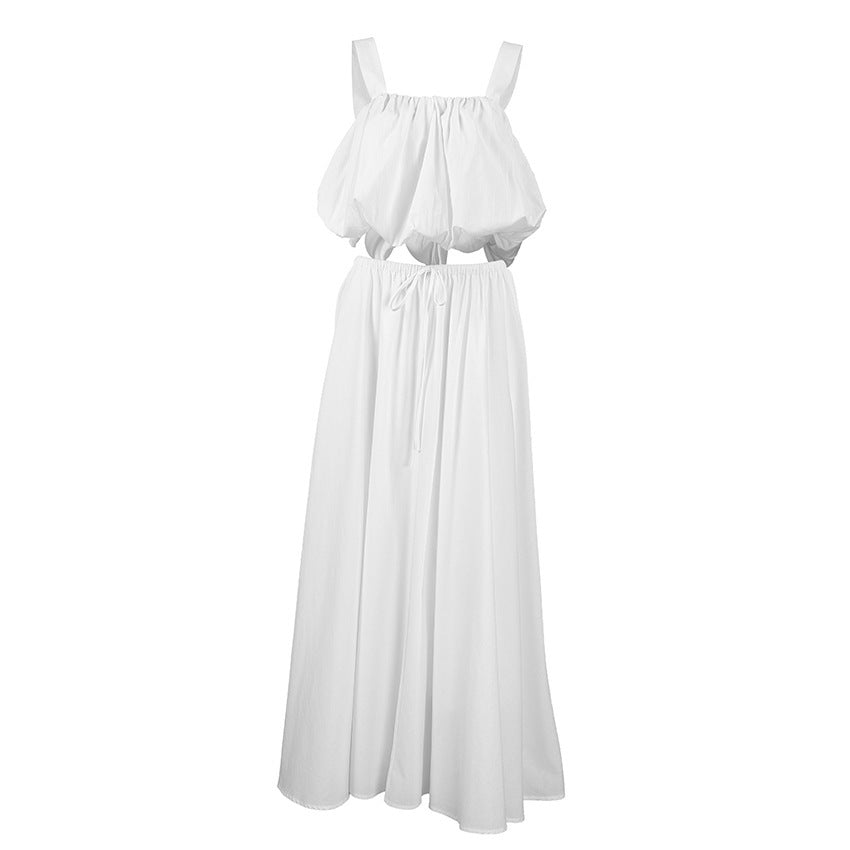 Pure Cotton White Women Summer Design Short Cropped Vest Loose Skirt Two Piece Set