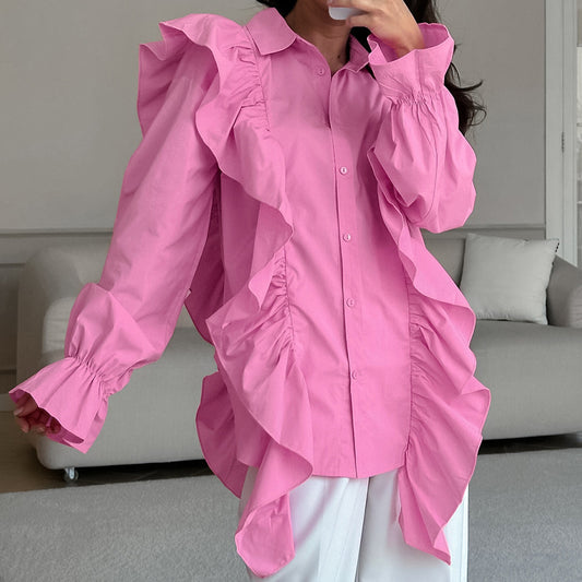 French Collared Ruffled Loose Shirt Spring Summer Top