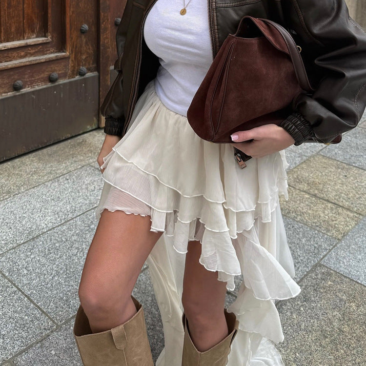 Casual Irregular Asymmetric Hem Women Spring Autumn Wild Elastic Waist A line Skirt