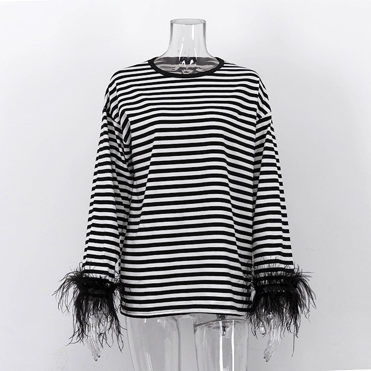 Black White Striped round Neck T shirt Women Ostrich Feather Long Sleeve Spring Autumn Top Inner Bottoming Shirt Can Be Worn outside