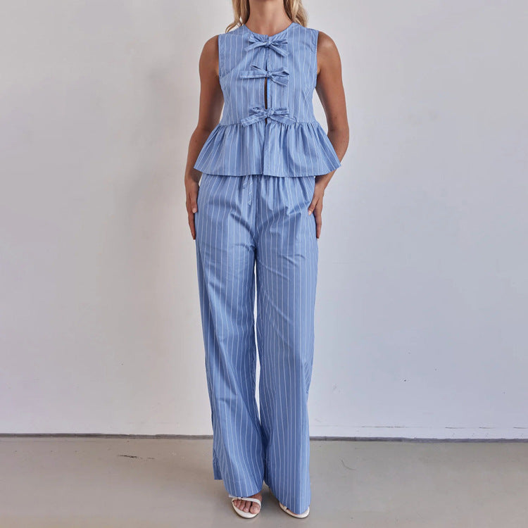Striped Vest round Neck Bow Sleeveless Top Loose Wide Leg Pants Two Piece Set