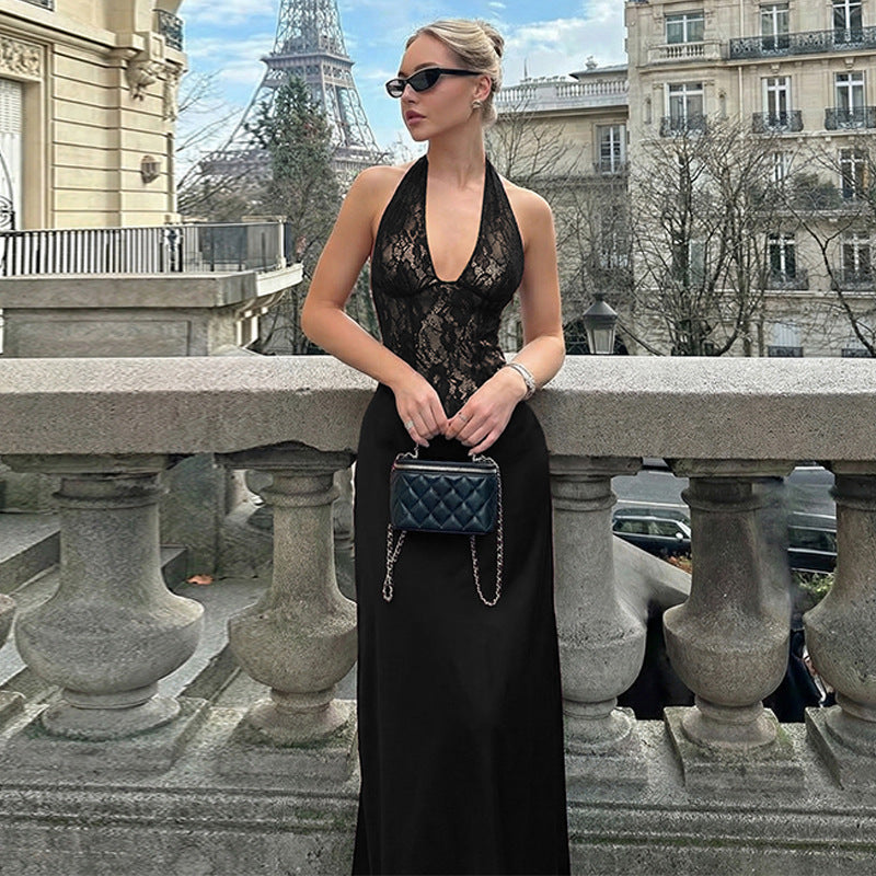CÉLESTE — Vestido largo con espalda descubierta y detalles de encaje