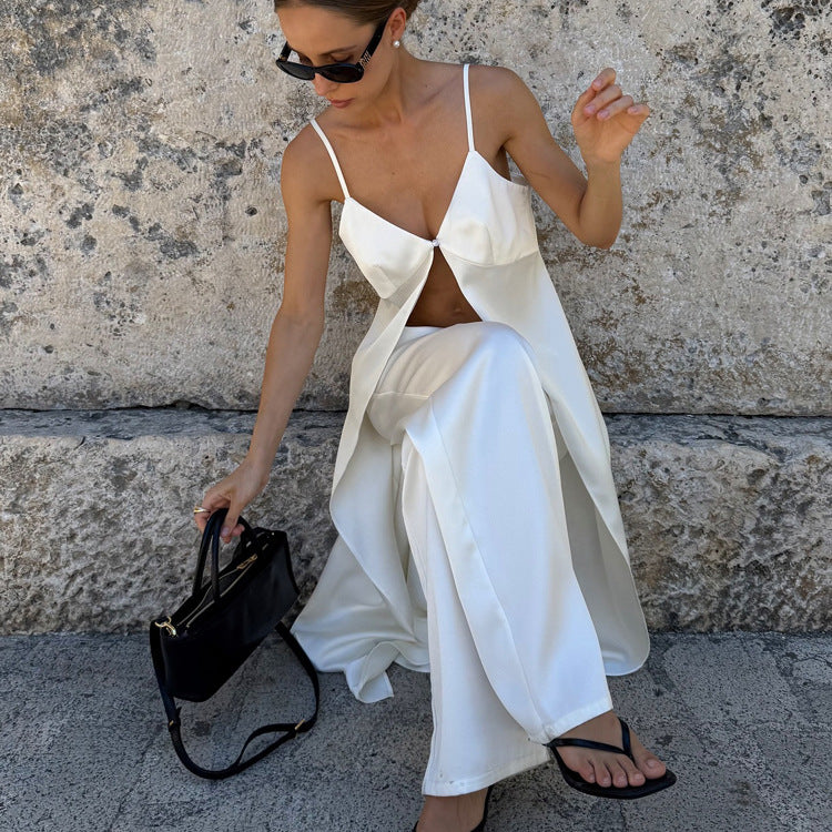 Women Street Sling Top Wide Leg Pants Two Piece Set Loose Outfit