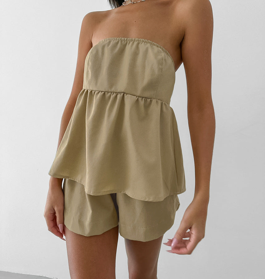 Sexy Khaki Tube Top High Waist Wide Leg Pants Shorts Suit Summer Popular All Match Casual Wear