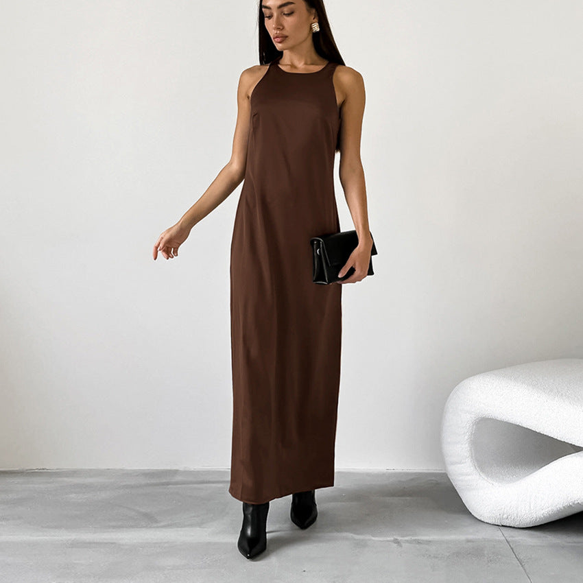 Summer Retro Classic Matte Satin Slim round Neck Sleeveless Straight Casual Dress Women