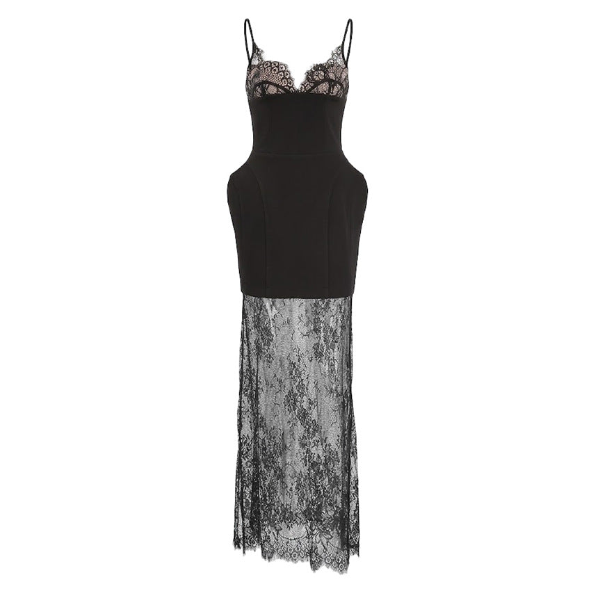 Summer Retro Black Sexy Niche Strapless Irregular Asymmetric Spaghetti Strap Lace See Through Skirt Set