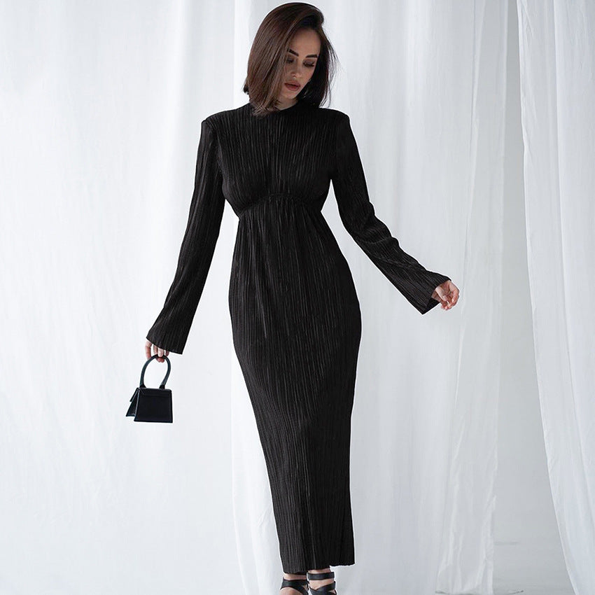 Spring Maxi Dress round Neck Hollow Out Cutout Sexy Elegant Dress Backless Slim Fit Long Sleeve Pleated Dress for Women