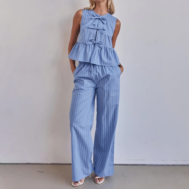 Striped Vest round Neck Bow Sleeveless Top Loose Wide Leg Pants Two Piece Set