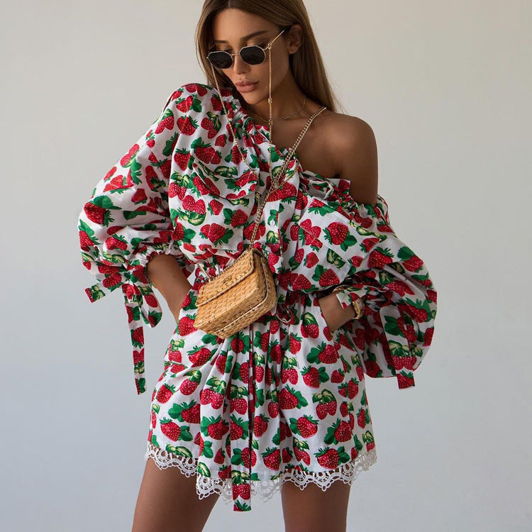 Early Autumn Sexy Sexy Strawberry Printed Dress Waist Trimming Shoulder Long Sleeve A line Dress