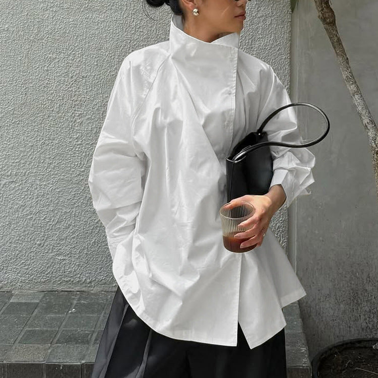 French Minority White with Collared Shirt Women Long Sleeve Single Breasted Simple Casual Shirt
