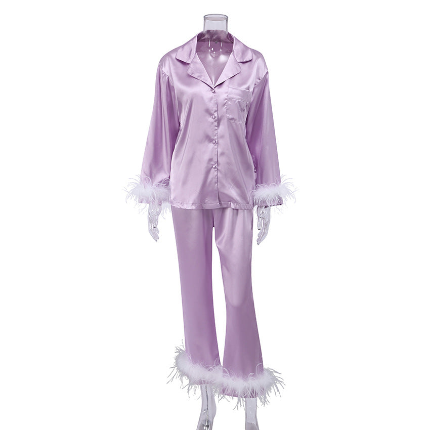Ostrich Feather Long Sleeve Trousers Suit Spring Summer Ice Silk Loose Women Clothing Thin
