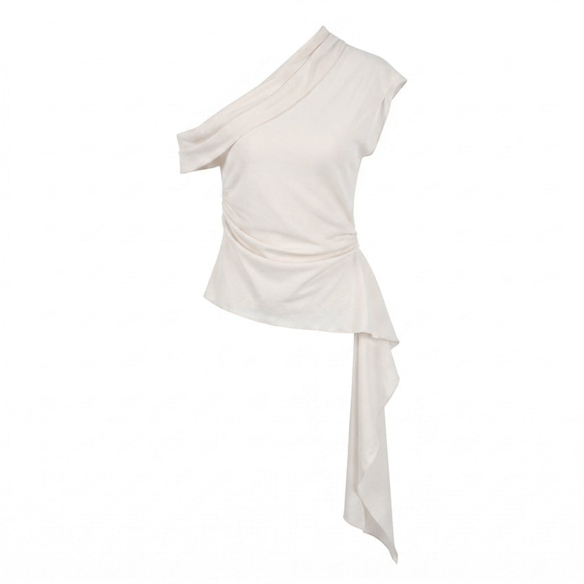 Cotton Linen Slim Fit Oblique Shoulder Irregular Asymmetric T shirt Women Summer Wild Sexy off Shoulder Top
