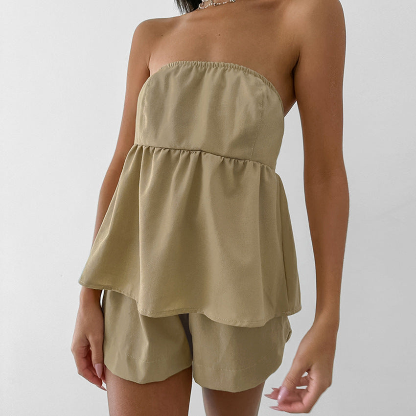 Sexy Khaki Tube Top High Waist Wide Leg Pants Shorts Suit Summer Popular All Match Casual Wear